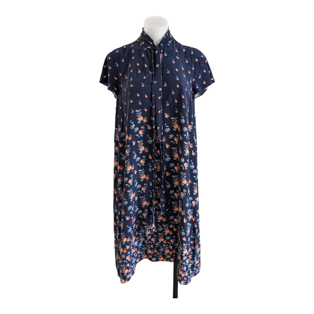 Becken Size 6 Shift Dress Blue Silk Floral Swing Tie Mock Neck Short Sleeves